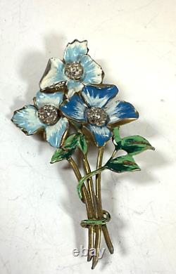 Vintage Brooch Blue Flower Handpainted Rhinestone Pot Metal 1940s Numbered