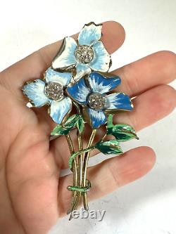 Vintage Brooch Blue Flower Handpainted Rhinestone Pot Metal 1940s Numbered