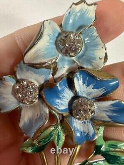 Vintage Brooch Blue Flower Handpainted Rhinestone Pot Metal 1940s Numbered