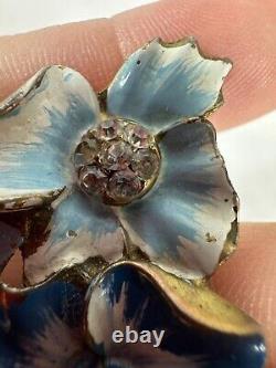 Vintage Brooch Blue Flower Handpainted Rhinestone Pot Metal 1940s Numbered