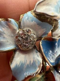 Vintage Brooch Blue Flower Handpainted Rhinestone Pot Metal 1940s Numbered