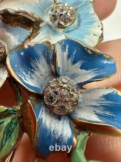 Vintage Brooch Blue Flower Handpainted Rhinestone Pot Metal 1940s Numbered