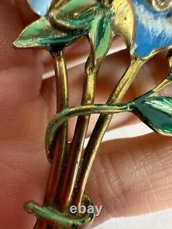 Vintage Brooch Blue Flower Handpainted Rhinestone Pot Metal 1940s Numbered