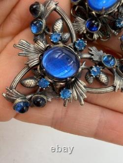 Vintage Brooch Blue Glass Cabochon Pinecone Woodland Forest Clip Earring Set Lot