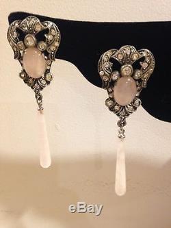 Vintage Brooch Earring Set With Jade