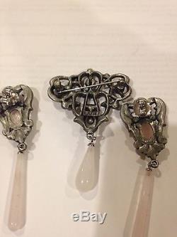 Vintage Brooch Earring Set With Jade