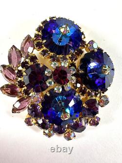 Vintage Brooch Juliana Rivoli Blue Purple Rhinestone Gold Tone Delizza