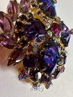 Vintage Brooch Juliana Rivoli Blue Purple Rhinestone Gold Tone Delizza