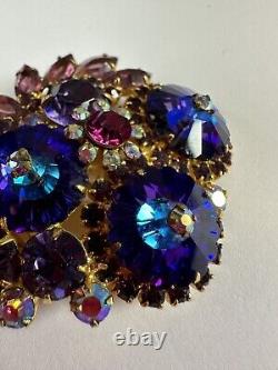 Vintage Brooch Juliana Rivoli Blue Purple Rhinestone Gold Tone Delizza