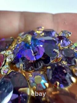 Vintage Brooch Juliana Rivoli Blue Purple Rhinestone Gold Tone Delizza