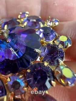 Vintage Brooch Juliana Rivoli Blue Purple Rhinestone Gold Tone Delizza