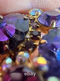 Vintage Brooch Juliana Rivoli Blue Purple Rhinestone Gold Tone Delizza