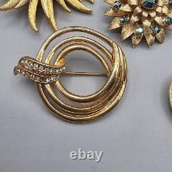 Vintage Brooch Lot (13) Gold Tone Rhinestone Pins Wearable MCM Retro