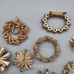 Vintage Brooch Lot (13) Gold Tone Rhinestone Pins Wearable MCM Retro