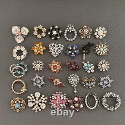 Vintage Brooch Lot Of 30 Rhinestones Floral Faux Pearl Pink Blue Purple Clear