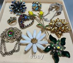 Vintage Brooch Lot Rhinestone Colorful Flower Watermelon Heart 10 Piece