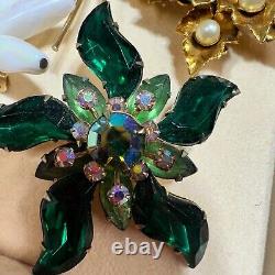 Vintage Brooch Lot Rhinestone Colorful Flower Watermelon Heart 10 Piece