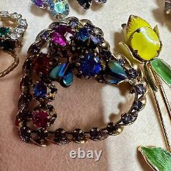 Vintage Brooch Lot Rhinestone Colorful Flower Watermelon Heart 10 Piece