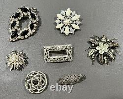 Vintage Brooch Pin Lot Of 7 Silver Tone, Crystal Gems/Rhinestones/Filagree