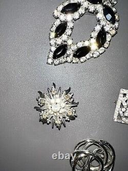 Vintage Brooch Pin Lot Of 7 Silver Tone, Crystal Gems/Rhinestones/Filagree