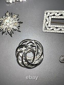 Vintage Brooch Pin Lot Of 7 Silver Tone, Crystal Gems/Rhinestones/Filagree