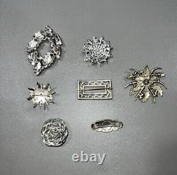 Vintage Brooch Pin Lot Of 7 Silver Tone, Crystal Gems/Rhinestones/Filagree