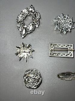 Vintage Brooch Pin Lot Of 7 Silver Tone, Crystal Gems/Rhinestones/Filagree