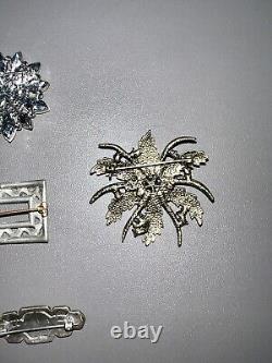 Vintage Brooch Pin Lot Of 7 Silver Tone, Crystal Gems/Rhinestones/Filagree