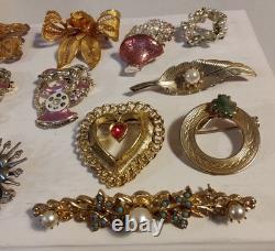 Vintage Brooch Pin Lot Unmarked Except 2 Multiple Material Rhinestones Metal Etc