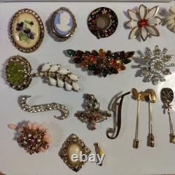 Vintage Brooch Pin Lot Unmarked Except 2 Multiple Material Rhinestones Metal Etc