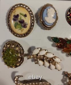 Vintage Brooch Pin Lot Unmarked Except 2 Multiple Material Rhinestones Metal Etc