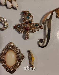 Vintage Brooch Pin Lot Unmarked Except 2 Multiple Material Rhinestones Metal Etc