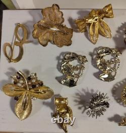 Vintage Brooch Pin Lot Unmarked Except 2 Multiple Material Rhinestones Metal Etc