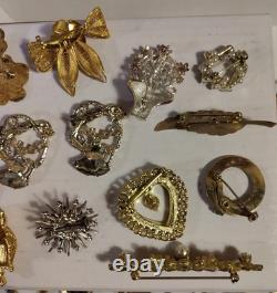 Vintage Brooch Pin Lot Unmarked Except 2 Multiple Material Rhinestones Metal Etc