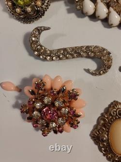 Vintage Brooch Pin Lot Unmarked Except 2 Multiple Material Rhinestones Metal Etc