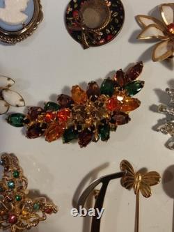 Vintage Brooch Pin Lot Unmarked Except 2 Multiple Material Rhinestones Metal Etc
