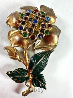 Vintage Brooch Pot Metal Flower Rhinestone Enamel Painted Heavy 3 inches