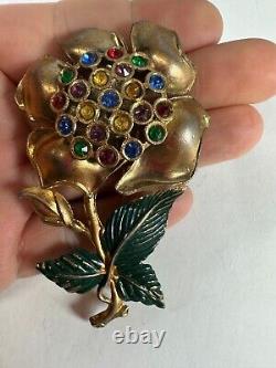 Vintage Brooch Pot Metal Flower Rhinestone Enamel Painted Heavy 3 inches