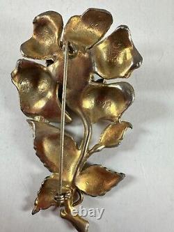 Vintage Brooch Pot Metal Flower Rhinestone Enamel Painted Heavy 3 inches