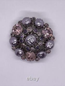 Vintage Brooch Weiss Rhinestone Pearl Floral Purple Pink Silver Tone Pin