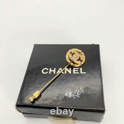 Vintage CHANEL Pin Brooch Coco Mark Gold Tone Metal Rhinestone Stamped France