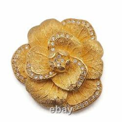 Vintage CHR DIOR Brushed Gold Tone Crystal Rhinestone Rose Flower Brooch Pin