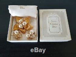 Vintage CHRISTIAN DIOR BIJOUX Germany RHINESTONE BROOCH & EARRINGS SET Mint +Box