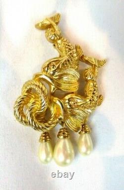Vintage CHRISTIAN DIOR GERMANY Gold-tone Dolphins & Dangling Pearls Brooch