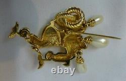 Vintage CHRISTIAN DIOR GERMANY Gold-tone Dolphins & Dangling Pearls Brooch