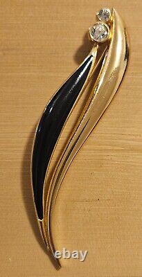 Vintage CHRISTIAN DIOR Gold Plated Black Enamel Crystal Rhinestone Leaf Brooch