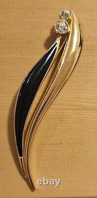 Vintage CHRISTIAN DIOR Gold Plated Black Enamel Crystal Rhinestone Leaf Brooch