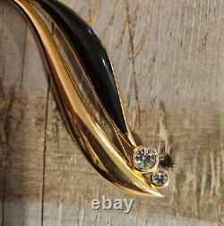 Vintage CHRISTIAN DIOR Gold Plated Black Enamel Crystal Rhinestone Leaf Brooch