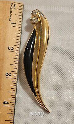 Vintage CHRISTIAN DIOR Gold Plated Black Enamel Crystal Rhinestone Leaf Brooch