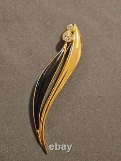 Vintage CHRISTIAN DIOR Gold Plated Black Enamel Crystal Rhinestone Leaf Brooch